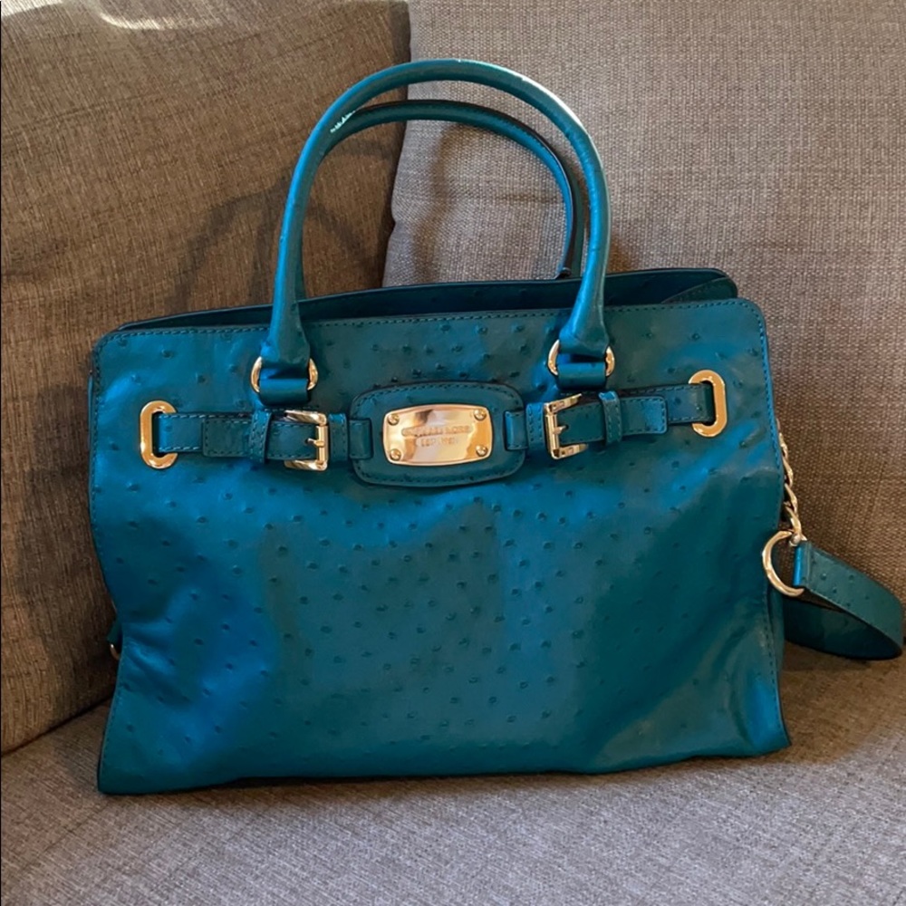 Michael Kors Hamilton Teal/Gold Leather Purse Tote